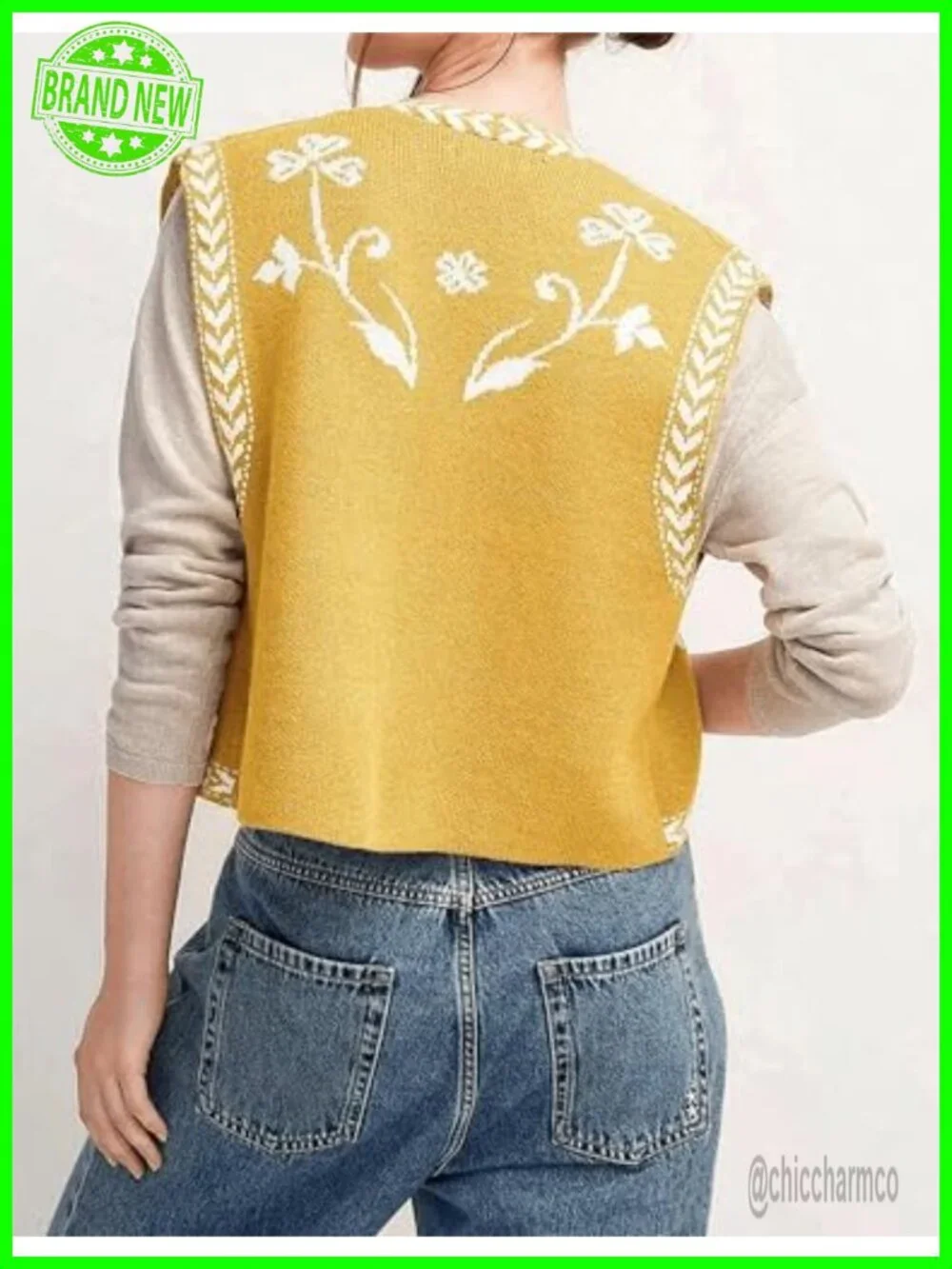 Sleeveless Knit Cardigan Vest Cropped Boho Top Floral Print